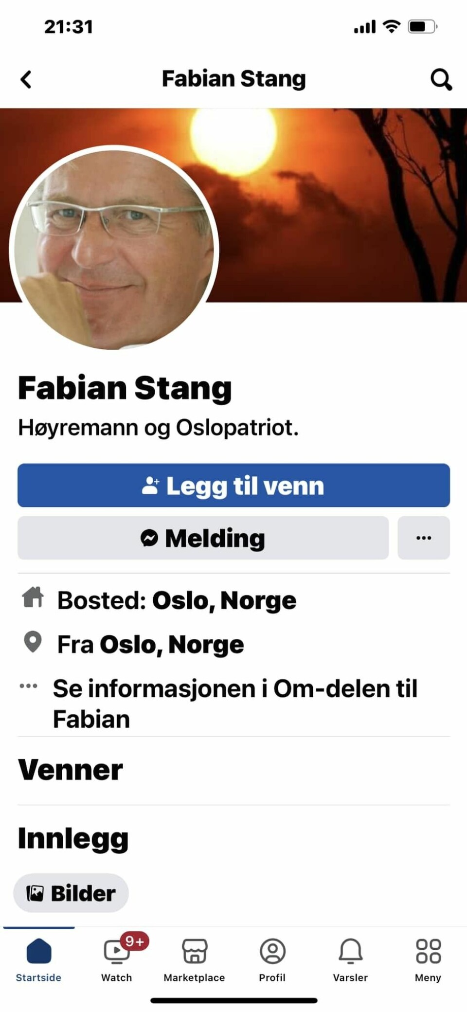 Tidligere Oslo-ordfører Fabian Stang varslet om denne falske Facebook-profilen, og la ut skjermbildet på sin ekte Facebook-side Tidligere Oslo-ordfører Fabian Stang varslet om denne falske Facebook-profilen, og la ut skjermbildet på sin ekte Facebook-side