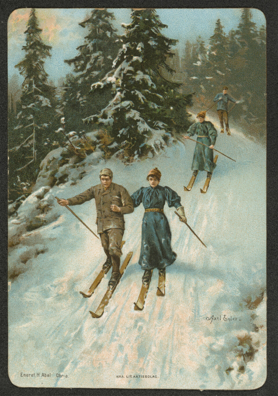 Fire skiløpere i godt godt vær( (Bilde: Aksel Ender/H. Abel, Nasjonalbiblioteket)) Fire skiløpere i godt godt vær. (Bilde: Aksel Ender/H. Abel, Nasjonalbiblioteket)