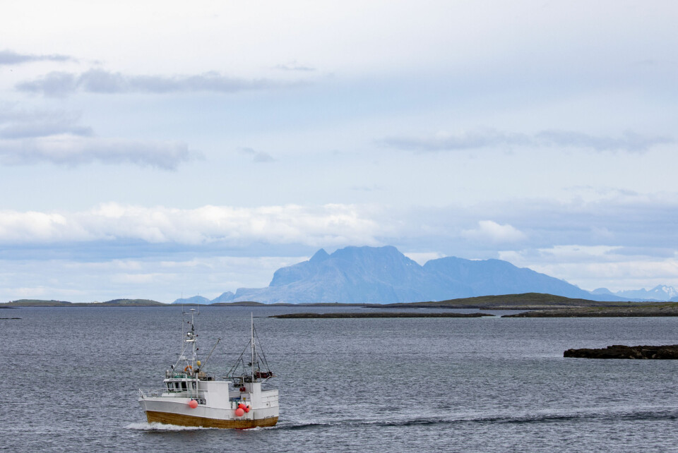Vegaøyene Verdensarv består av over 6000 øyer på Helgelandskysten. I bakgrunnen er øykommunen Dønna. Fiskebåt med krabbar i lasta på veg mot land ved Gardsøya. I bakgrunnen synest Dønnamannen. Foto: Paul Kleiven / NTB / NPK