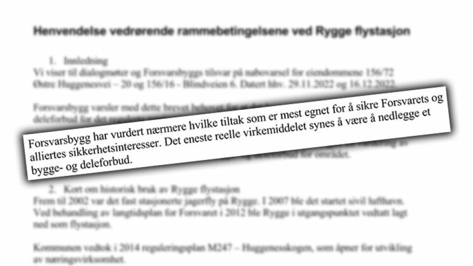 6. januar sendte Forsvarsbygg et brev til Moss kommune, der de redegjør hvorfor de ønsker å stanse videre utbygging på nabotomta til Rygge flystasjon. 6. januar sendte Forsvarsbygg et brev til Moss kommune, der de redegjør for hvorfor de ønsker å stanse videre utbygging på nabotomta til Rygge flystasjon.