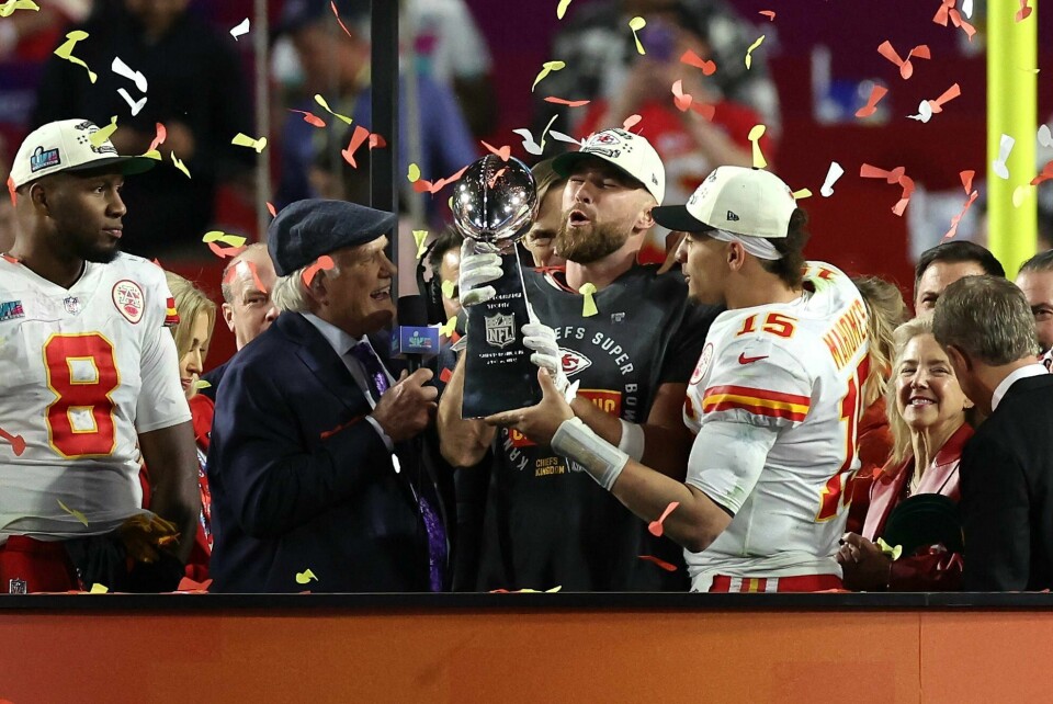 Chiefs-stjernene Travis Kelce og Patrick Mahomes feirer nok en Superbowl-triumf sammen. Chiefs-stjernene Travis Kelce og Patrick Mahomes feirer nok en Superbowl-triumf sammen.