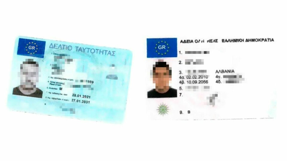Politiet beslagla de forfalskede ID-kortene. Den albanske mannen hadde flere forfalskede ID-dokumenter med seg.