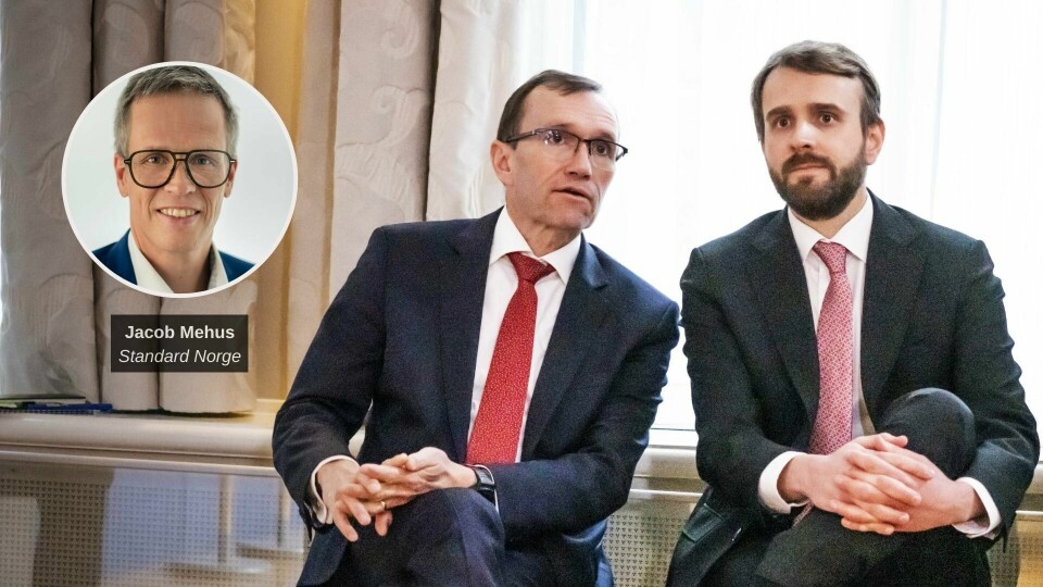 Bildemontasje. Klima- og miljøminister Espen Barth Eide og næringsminister Jan Christian Vestre under en pressekonferanse med den tyske visestatsministeren Robert Habeck i januar 2023. Jacob Mehus, administrerende direktør i Standard Norge innfelt. Bildemontasje. Klima- og miljøminister Espen Barth Eide og næringsminister Jan Christian Vestre under en pressekonferanse med den tyske visestatsministeren Robert Habeck i januar 2023. Jacob Mehus, administrerende direktør i Standard Norge innfelt.