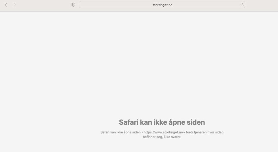 Stortingets nettsider er nede fredag morgen. Det var ikke mulig å komme inn på Stortingets nettsider fredag morgen. Foto: Skjermdump / NTB