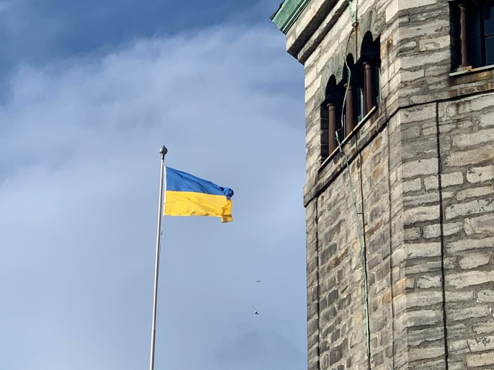 Det ukrainske flagget ble heist på Valberget 24. februar i fjor. Her vaier det ukrainske flagget ved siden av Valberg-tårnet.