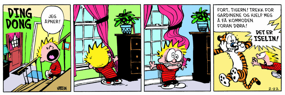«Tommy og Tigern» ble trykket i 2400 aviser verden over da tegner Bill Watterson bestemte at nok var nok, og avsluttet serien etter ti år i 1995.Tommy og Tigern er copyright © Bill Watterson, distr. Universal Press Syndicate/Europa Press. «Tommy og Tigern» ble trykket i 2400 aviser verden over da tegner Bill Watterson bestemte at nok var nok, og avsluttet serien etter ti år i 1995.