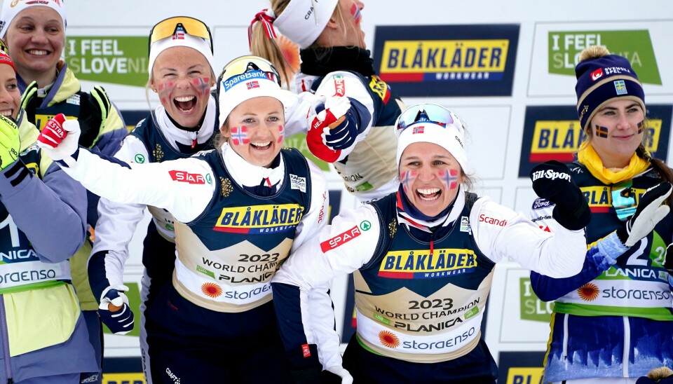 Anne Kjersti Kalvå, Ingvild Flugstad Østberg, Astrid Øyre Slind og Tiril Udnes Weng da Norge vant 4x5 km stafett for kvinner under ski-VM 2023 i Planica torsdag. Anne Kjersti Kalvå, Ingvild Flugstad Østberg, Astrid Øyre Slind og Tiril Udnes Weng da Norge vant 4x5 km stafett for kvinner under ski-VM 2023 i Planica torsdag.