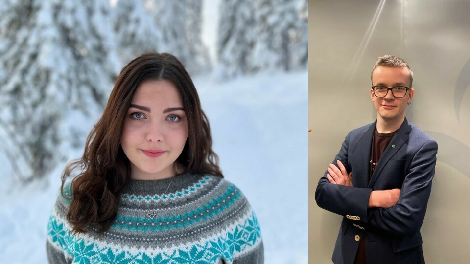 Andrine H. Seppola, leder i Senterungdommen, og Martin Tøllefsen, fylkesleder i Troms Senterungdom. Kollasj med kvinne og mann