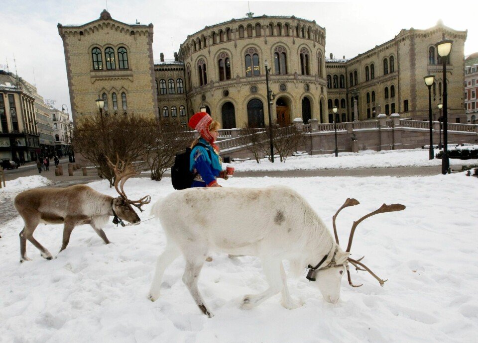 Her er samiske Berit Hætta på bytur med to av sine reinsdyr foran Stortinget i 2010. I dag har unge samer staten i kne. .