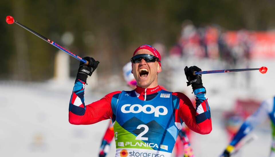 Pål Golberg i det han krysser mållinja på søndagens femmil. Pål Golberg. Foto: Terje Pedersen / NTB