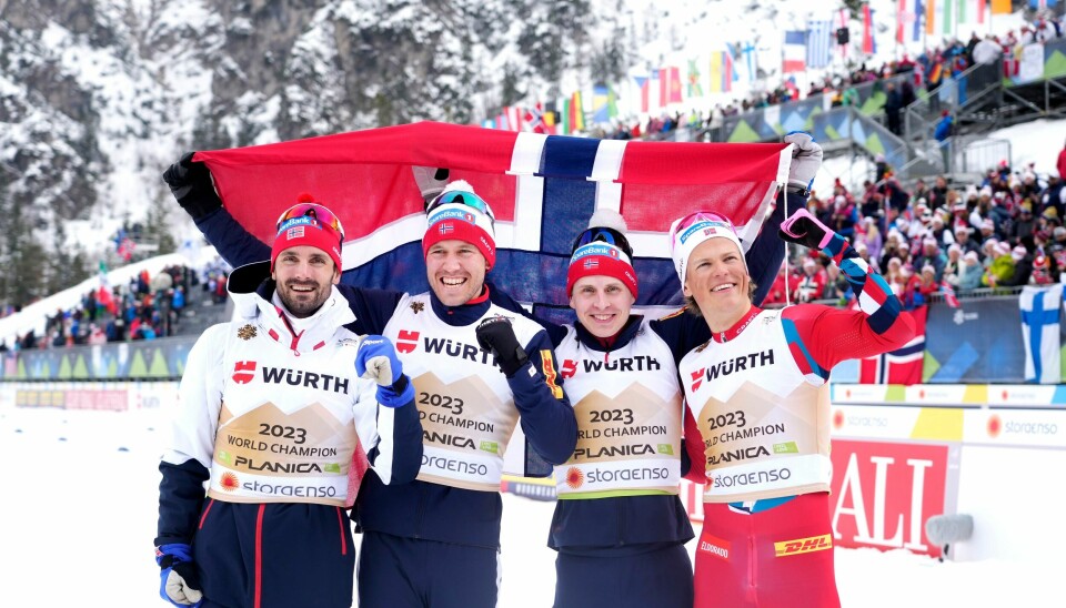 Hans Christer Holund, Pål Golberg, Simen Hegstad Krüger og ankermann Johannes Høsflot Klæbo vant overlegent stafetten for menn i Planica, Slovenia. Hans Christer Holund, Pål Golberg, Simen Hegstad Krüger og ankermann Johannes Høsflot Klæbo vant overlegent stafetten for menn i Planica, Slovenia.