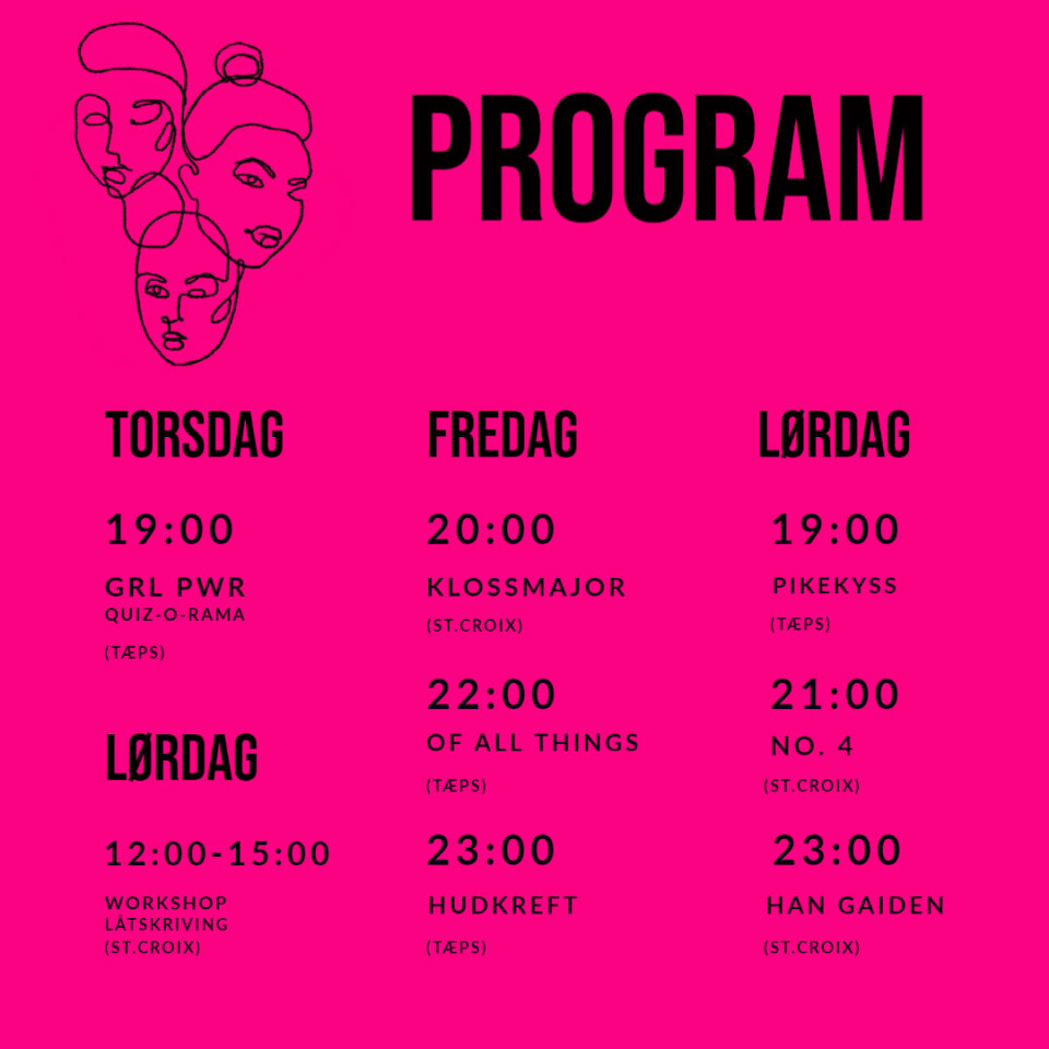 Årets Grl Pwr Fstvl-program er like rosa som i fjor. Sara Jeanine Heidenstrøm har gjort designet selv. Årets Grl Pwr Fstvl-program er like rosa som i fjor. Sara Jeanine Heidenstrøm har gjort designet selv.