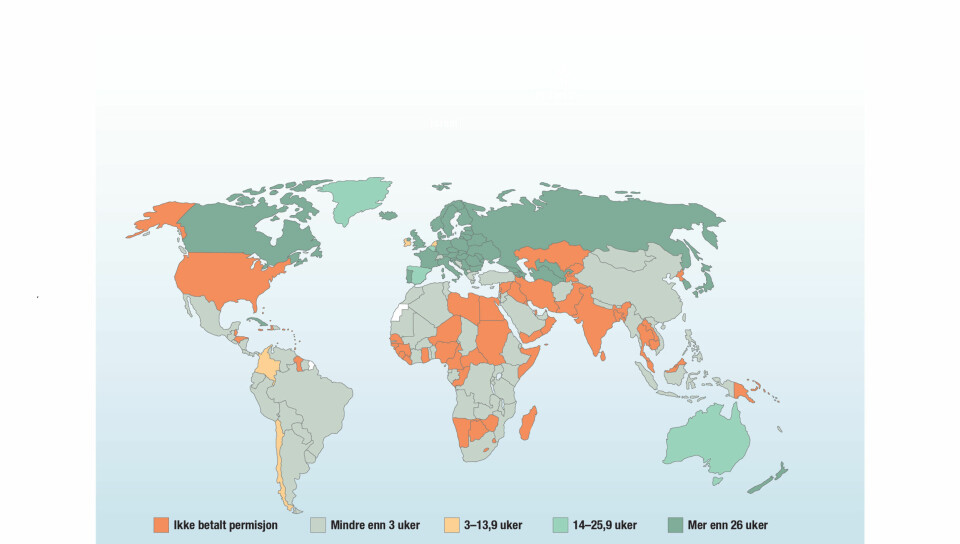 Oversikt over hvilke land som tilbyr en viss grad av betalt permisjon som er tilgjengelig for fedre. Kilde: World Policy Analysis Centre. Oversikt over hvilke land som tilbyr en viss grad av betalt permisjon som er tilgjengelig for fedre. Kilde: World Policy Analysis Centre.