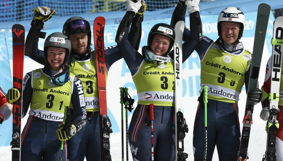 Thea Louise Stjernesund, Rasmus Windingstad, Maria Therese Tviberg og Timon Haugan sikret norsk seier i Andorra. Thea Louise Stjernesund, Rasmus Windingstad, Maria Therese Tviberg og Timon Haugan sikret norsk seier i Andorra. Foto: Alessandro Trovati / AP Photo / NTB.