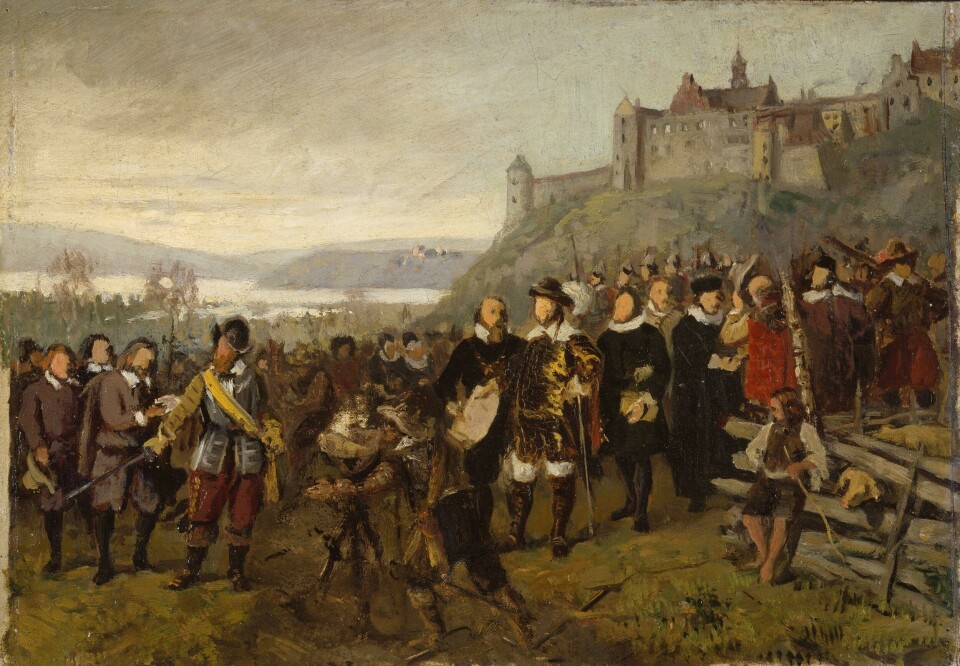 Skisse til maleri av Adolph Tidemand. Bildet skulle forestille byens grunnleggelse, og var ment å henge i byens rådhus. Skisse til maleri av Adolph Tidemand. Bildet skulle forestille byens grunnleggelse, og var ment å henge i byens rådhus.