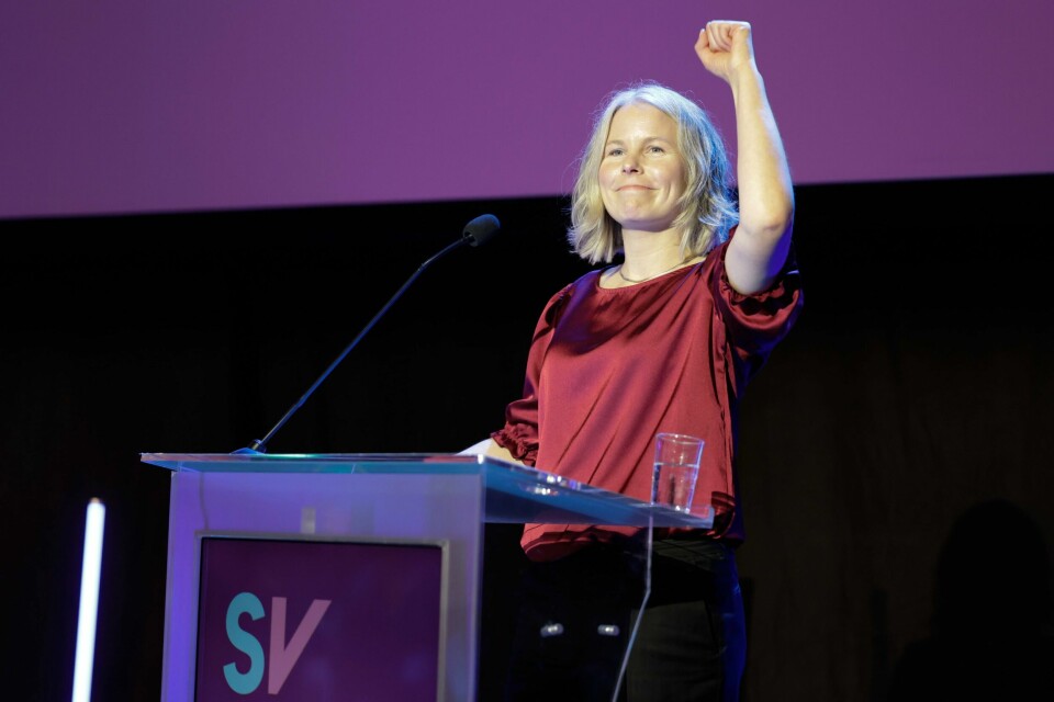 SV-leder Kjersti Bergstø holder landsmøtetalen under SV-landsmøtet søndag. SV-leder Kjersti Bergstø holder landsmøtetalen under SV-landsmøtet søndag.