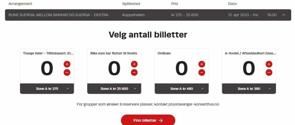 Rune Bjerga tilbyr billige billetter til de som opplever trange tider, samtidig tilbyr han (veldig) dyre billetter til de rike som har flyttet til Sveits. Rune Bjerga tilbyr billige billetter til de som opplever trange tider, samtidig tilbyr han (veldig) dyre billetter til de rike som har flyttet til Sveits.