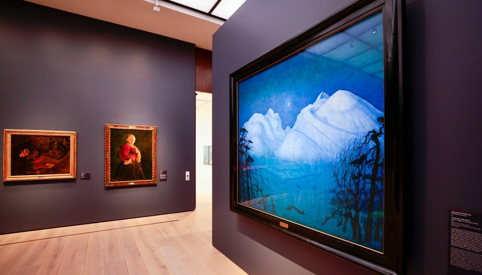 150 Securitas-vektere kan miste Nasjonalmuseet som arbeidsplass. De tillitsvalgte reagerer. Harald Sohlbergs «Vinternatt i Rondane» er blant maleriene som er suppesikret med beskyttende glass. Foto: Geir Olsen / NTB