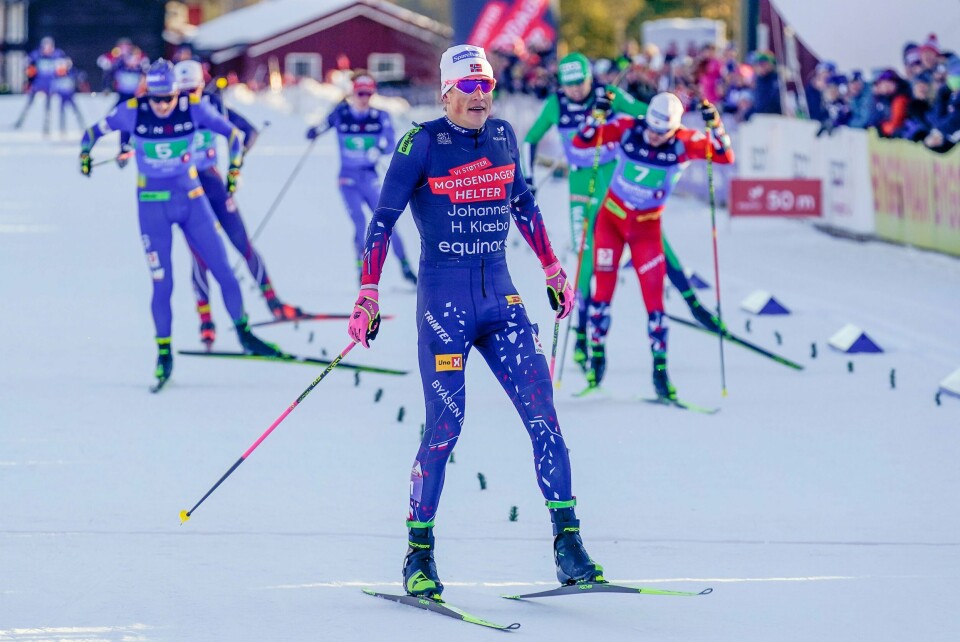 Johannes Høsflot Klæbo går Byåsen inn til gull under lagsprinten i NM på ski. Johannes Høsflot Klæbo går Byåsen inn til gull under lagsprinten i NM på ski.Foto: Terje Bendiksby / NTB