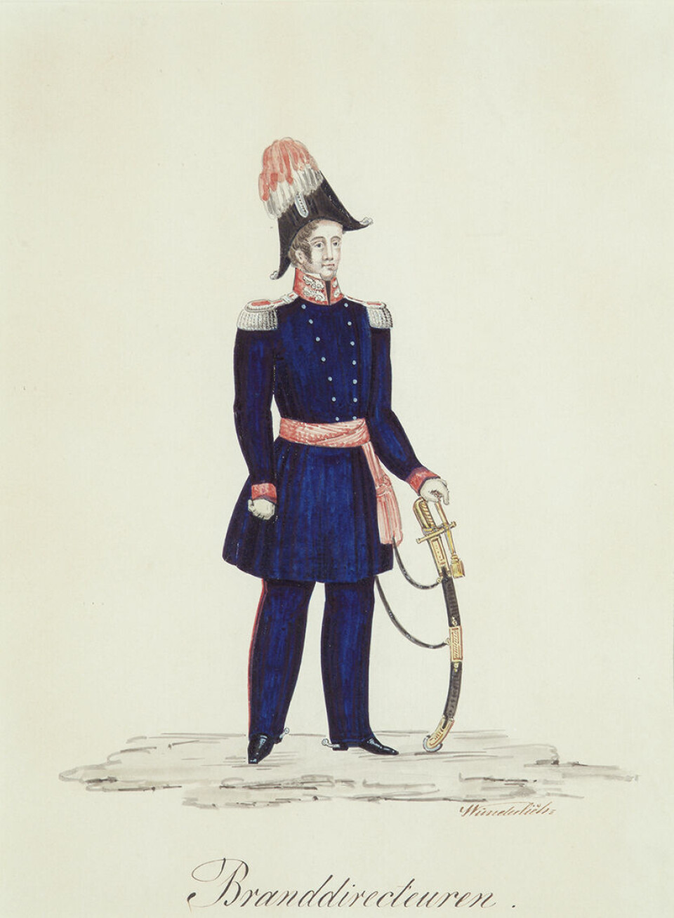 Fram til 1861 var brannvesenet organisert som et frivillig borgerbrannkorps. Utkast til Branndirektørens uniform. Akvarell av Wunderlich. Fram til 1861 var brannvesenet organisert som et frivillig borgerbrannkorps. Utkast til Branndirektørens uniform. Akvarell av Wunderlich.