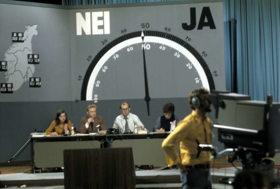 Folkeavstemningen om medlemskap i det Europeiske Fellesskap EF slik det så ut under valgvaken i NRKs studio 1972. 53,49 prosent stemte nei og 46,51 prosent ja. EU