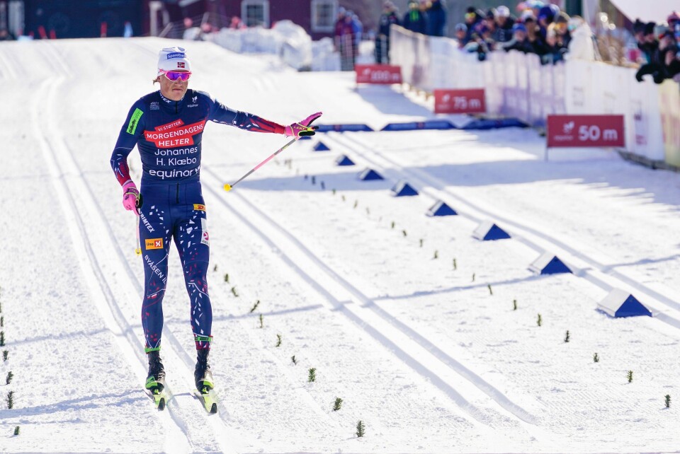 Johannes Høsflot Klæbo glir i mål til NM-seier i Tolga torsdag. Johannes Høsflot Klæbo glir i mål til NM-seier i Tolga torsdag.