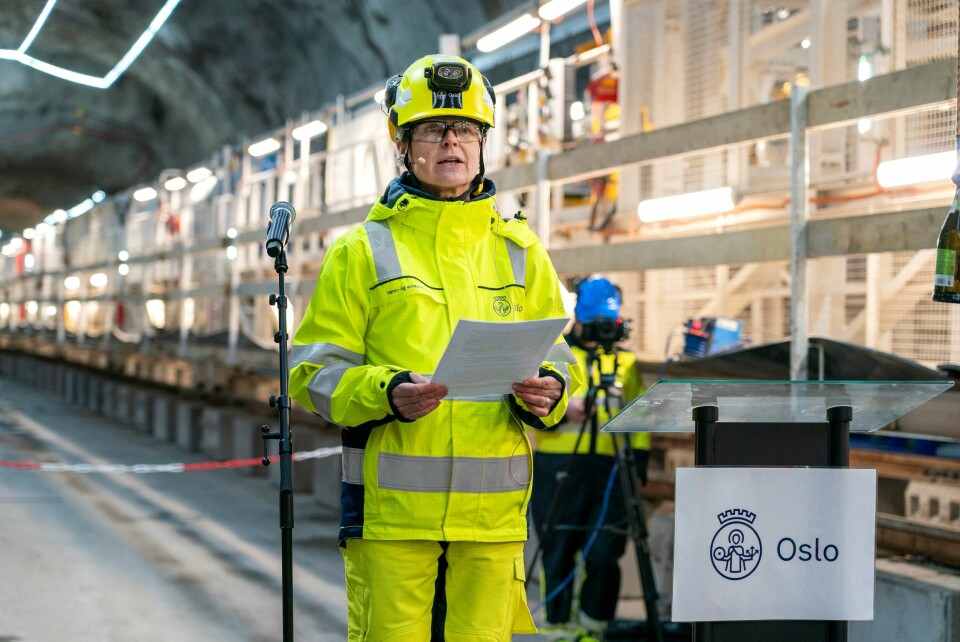Anna Maria Aursund, direktør i Vann- og avløpsetaten, under dåpen av en ny tunnelboremaskin i prosjekt Ny vannforsyning Oslo i mars i fjor. Anna Maria Aursund, direktør i Vann- og avløpsetaten under dåpen av den nye tunnelboremaskinen. Foto: Gorm Kallestad / NTB