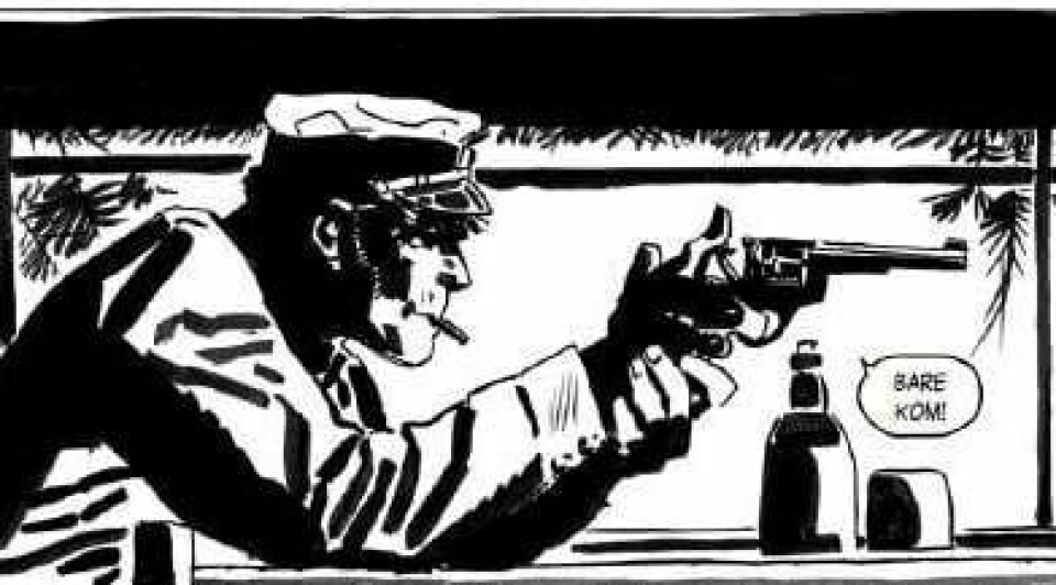 Det er en pistol, men er han glad for å se deg? Corto Maltese på vakt i «Balladen om det salte hav».