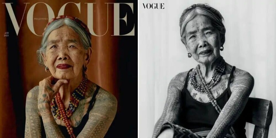 Tatoveringskunstner på 106 år setter rekord i magasinet Vogue Philippines. Tatoveringskunstner på 106 år setter rekord i magasinet Vogue Philippines.