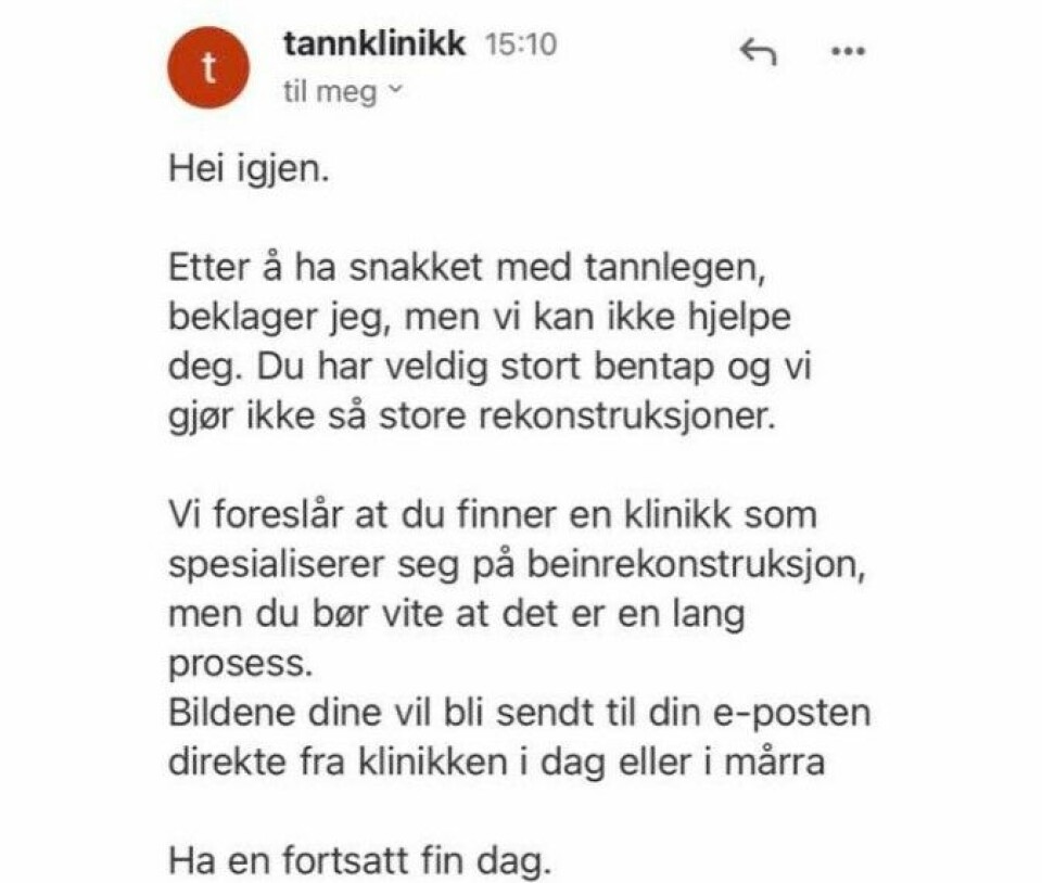 Meldingen fra tannklinikken rev ned håpet for tidligere rusmisbruker Anniken Nordengen. Meldingen fra tannklinikken rev ned håpet for tidligere rusmisbruker Anniken Nordengen.