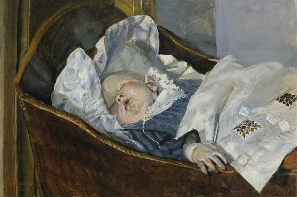 Når Christian Krohg malte sitt eget barnebarn, var det i rene hvite sengeklær vaska med mye blåkule i vannet. Når Christian Krohg malte sitt eget barnebarn, var det i rene hvite sengeklær vaska med mye blåkule i vannet.