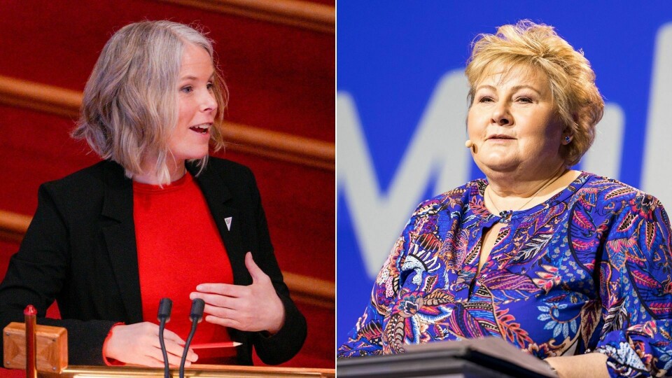 Kronikkforfatteren sammenlikner SV-leder Kirsti Bergstø (t.v.) og Høyre-leder Erna Solbergs tilnærming til arbeidslinja. SV-leder Kirsti Bergstø (t.v.) og Høyre-leder Erna Solberg (t.h.).