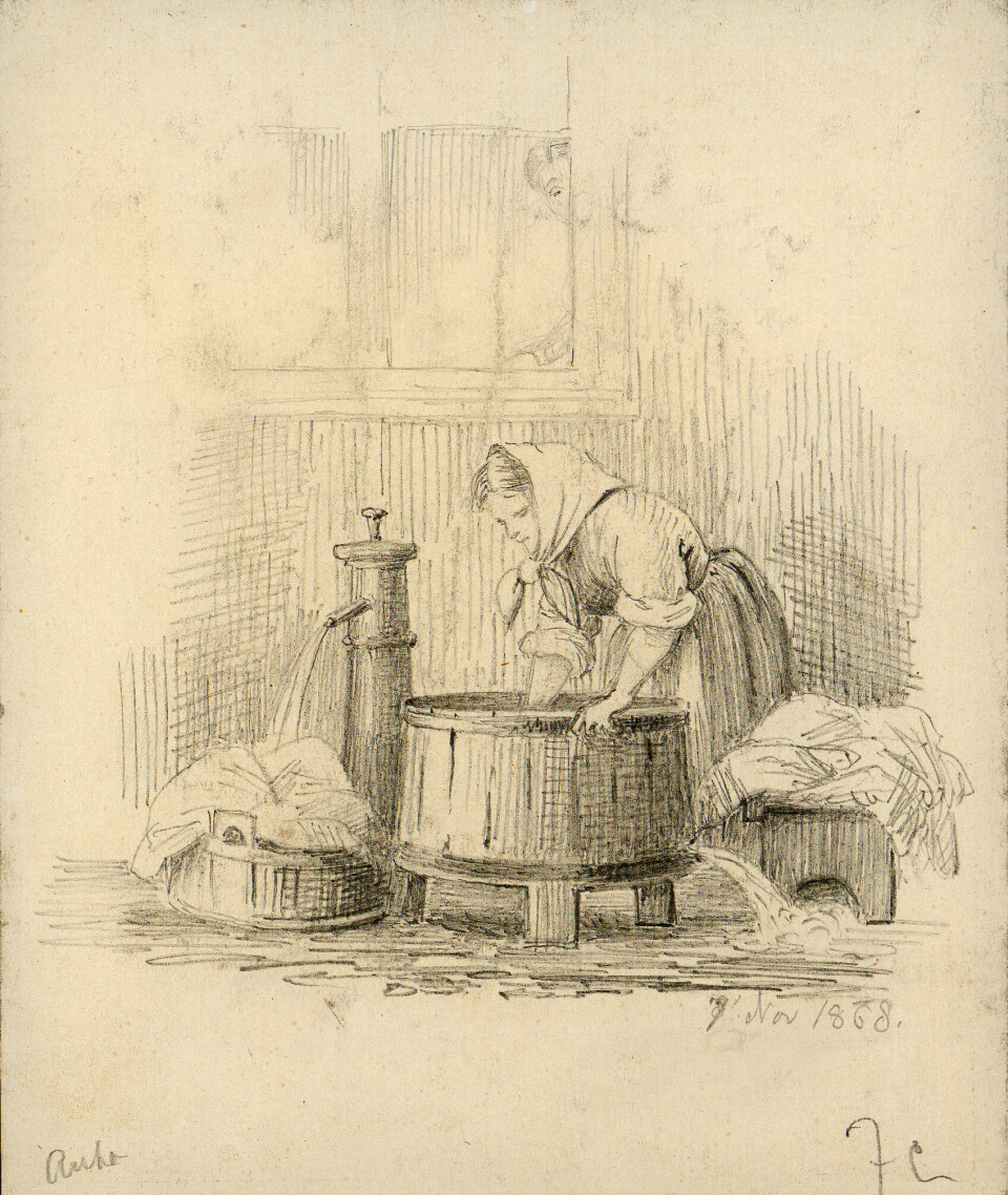 Ei dame skyller klær ved en vannpost. November, 1868. Ei dame skyller klær ved en vannpost. November, 1868.