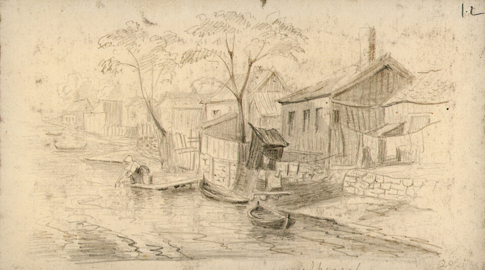 Ei dame skyller klær i Akerselva på 1860-tallet. Ei dame skyller klær i Akerselva på 1860-tallet.
