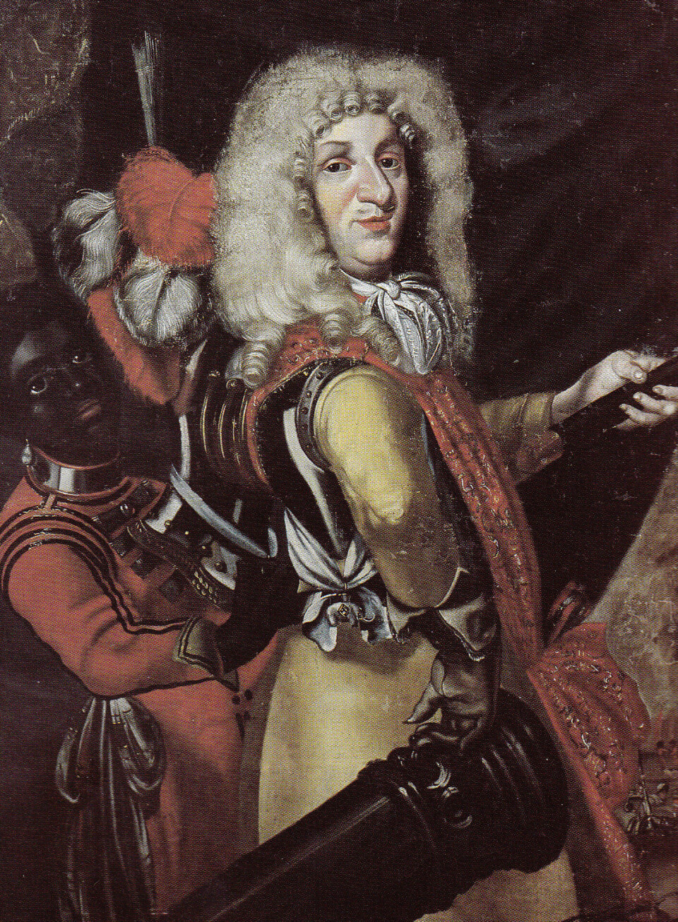 Stattholder i Norge 1664-1699, Ulrik Fredrik Gyldenløve, tok initiativ til å benåde Ambrosius Rhodius i 1666. Bildet viser Gyldenløve muligens sammen med sin tjener, og senere Norges første svarte embetsmann, Christian Hansen Ernst.(Ukjent kunstner, maleriet tilhører Eidsvollminnet (Eidsvoll 1814)) Embetsmann med langhåret hvit parykk og gul drakt.