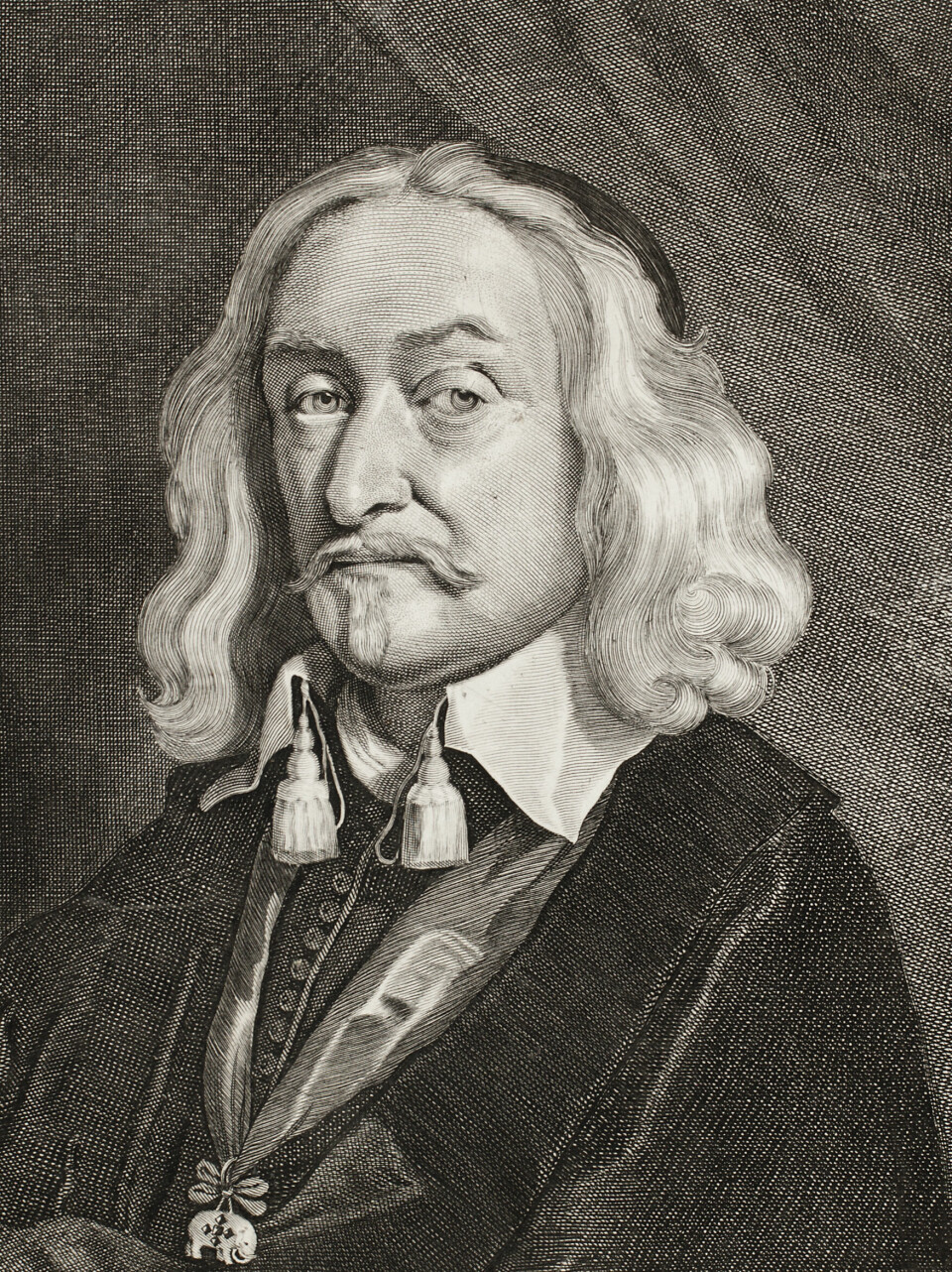Anna Rhodius var i sterk konflikt med Niels Trolle, stattholder i Norge fra 1656 til han ble avsatt i 1661. I 1658 beordret Trolle brenning av Christianias forsteder for å sikre at ikke fienden kunne søke ly i husene ved en eventuell beleiring av Akershus festning. Portrett av embetsmann med langt hår.