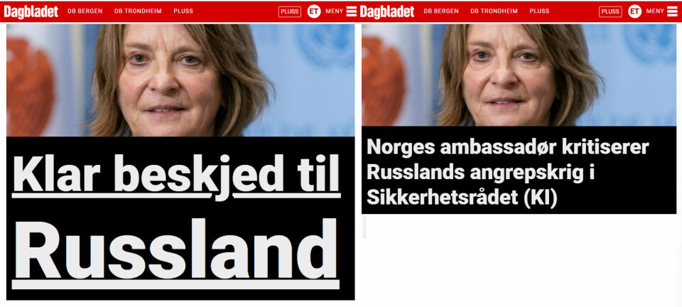 Klar beskjed? Til venstre ser du Dagbladets opprinnelige tittel. Til høyre er hvordan saken ser ut med Øys tilleggsprogram skrudd på. For ordens skyld har han lagt til (KI) i parentes, så man skal forstå at overskriften er laget av kunstig intelligens. Skjermbilder