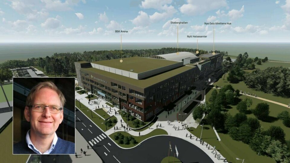 Arkitektskisse av Campus Ekeberg. Innfelt Magne Brekke i Oslo Idrettskrets. Skisse