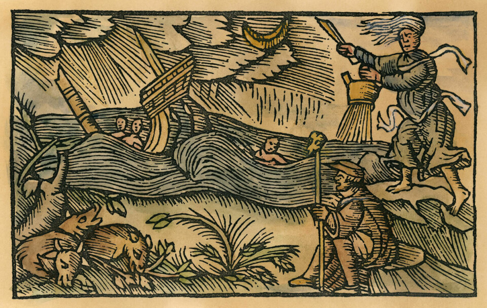 Rettsdokumentene viser at kvinnene anklaget for trolldom i Vardøhus 1662-1663 ble torturert og utsatt for vannprøven, der de ble halt gjennom vannet for å teste om de sank eller fløyt. Tegningen viser en trollkvinne som kaster heksegrytens innhold på havet og forårsaker uvær og forlis. En dame står ved vannet. Tre personer er i bølgene. En mann sitter og ser på.