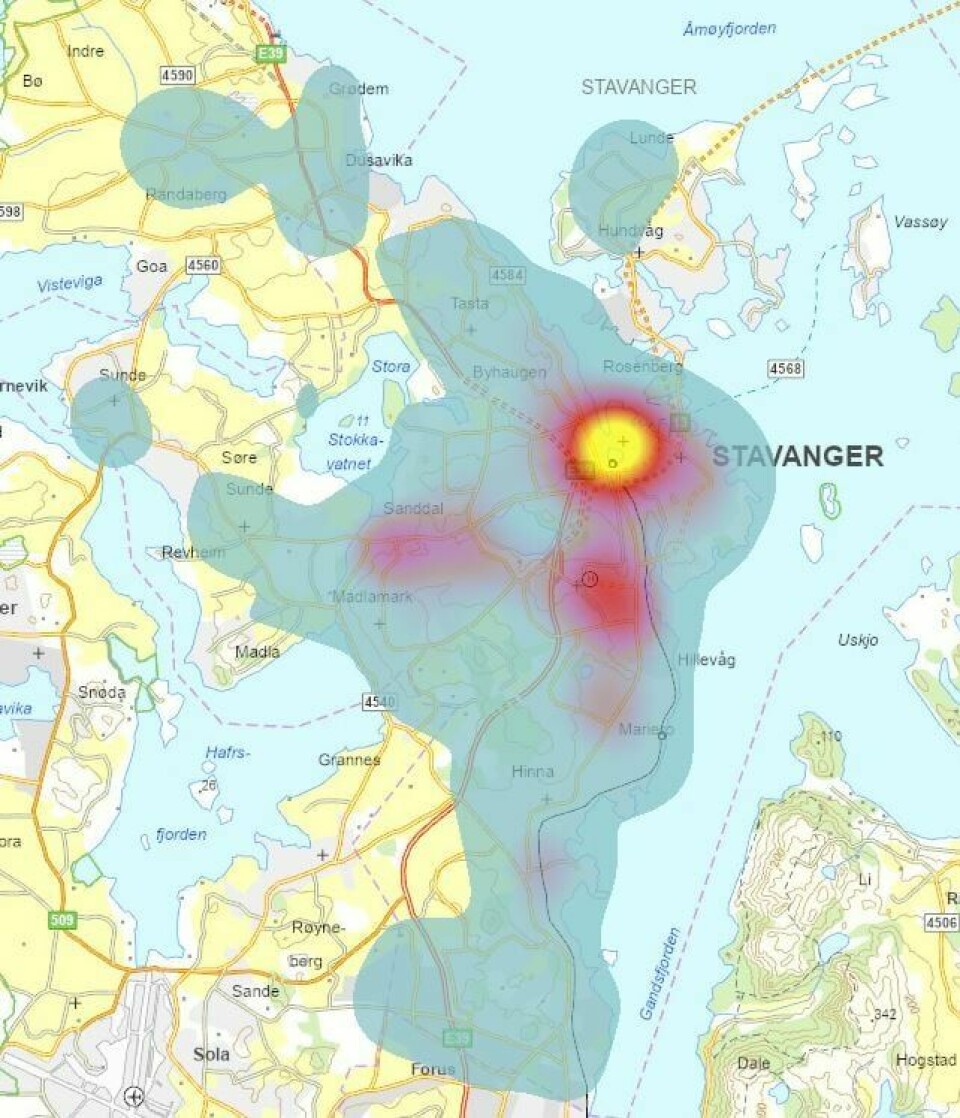 På dette varmekartet kan du se hvor det skjer flest sykkeltyveri fra offentlig sted i Stavanger-området. Det er klart flest i sentrum. På dette varmekartet kan du se hvor det skjer flest sykkeltyveri fra offentlig sted i Stavanger-området. Det er klart flest i sentrum.