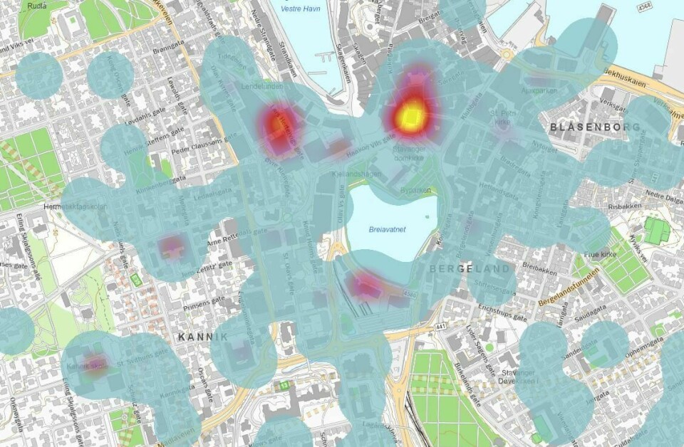 Varmekartet viser sykkeltyveri i sentrumsområdet i Stavanger. Flest sykkeltyveri skjer ved Domkirken, Straen og Jernbanestasjonen. Varmekartet viser sykkeltyveri i sentrumsområdet i Stavanger. Flest sykkeltyveri skjer ved Domkirken, Straen og Jernbanestasjonen.