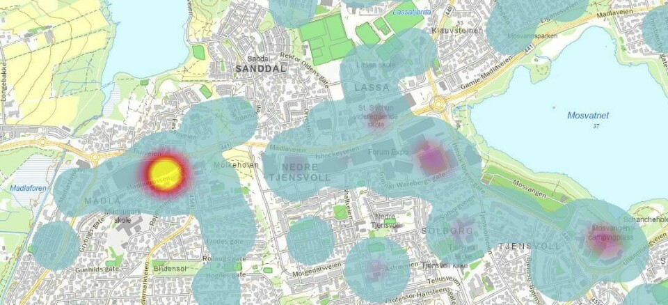 Varmekartet av sykkeltyveri fra offentlig sted på Madla i Stavanger viser at det skjer flest tyveri rundt Madla Amfi, skoler og Mosvangen campingplass. Varmekartet av sykkeltyveri fra offentlig sted på Madla i Stavanger viser at det skjer flest tyveri rundt Madla Amfi, skoler og Mosvangen campingplass.