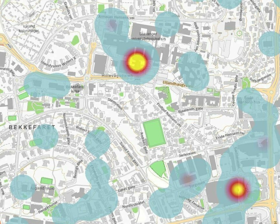 Varmekartet over sykkeltyveri fra offentlig sted i Hillevåg i Stavanger viser at det skjer flest tyveri ved sykehuset og kjøpesenteret Kilden. Varmekartet over sykkeltyveri fra offentlig sted i Hillevåg i Stavanger viser at det skjer flest tyveri ved sykehuset og kjøpesenteret Kilden.