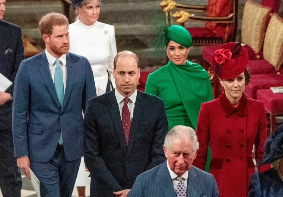 Meghan kommer ikke til kroningen, men det gjør prins Harry. Her er de sammen med prins William og Kate og daværende prins Charles i 2019. Meghan kommer ikke til kroningen, men det gjør prins Harry. Her er de sammen med prins William og Kate og daværende prins Charles i 2019.