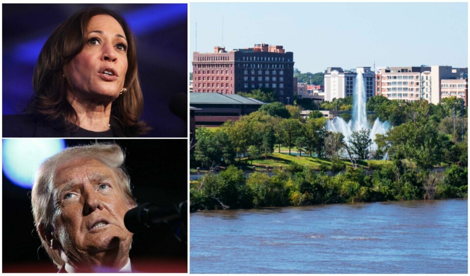 Kamala Harris og Donald Trump har blikket rettet mot denne byen i hjertet av USA. Amerikanerne går til valgurnene 5. november i år. (Montasje) Kamala Harris, Donald Trump, Omaha. Montasje.
