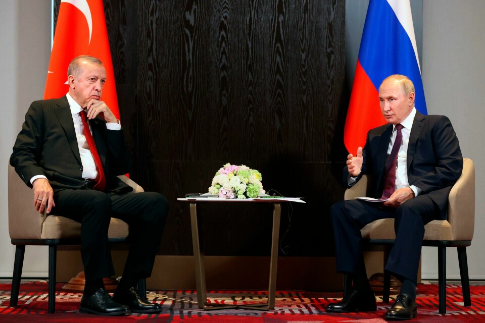 Russlands president Vladimir Putin (t.v.) og Tyrkias president Recep Tayyip Erdogan (t.h.).