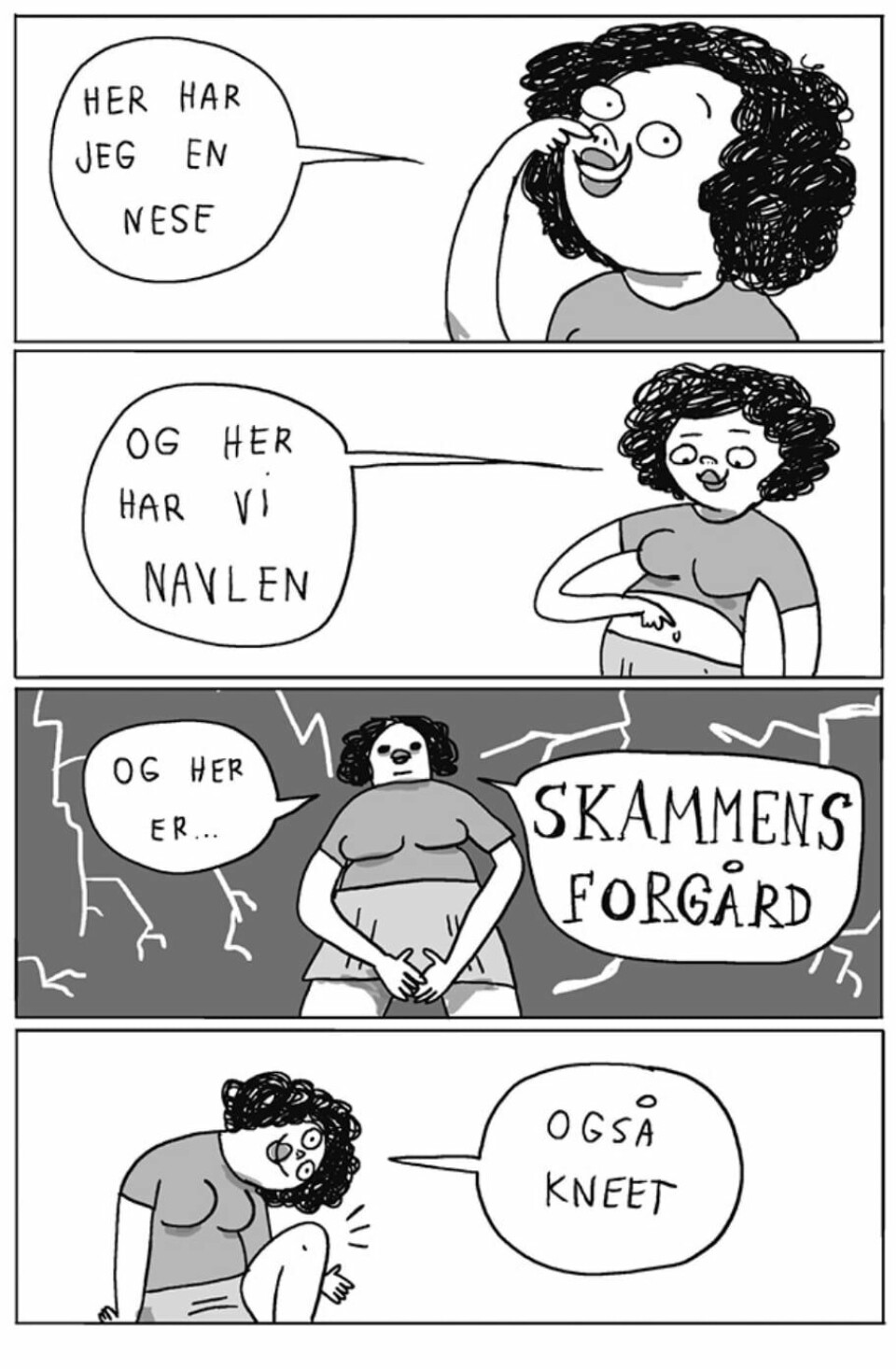 Tegning fra «Den nye gleden med skjeden».(Hanne Sigbjørnsen (Tegnehanne)/ Den nye gleden med skjeden.) Tegning av en kvinne som viser kroppsdeler. Den viser at skjeden er skambelagt.