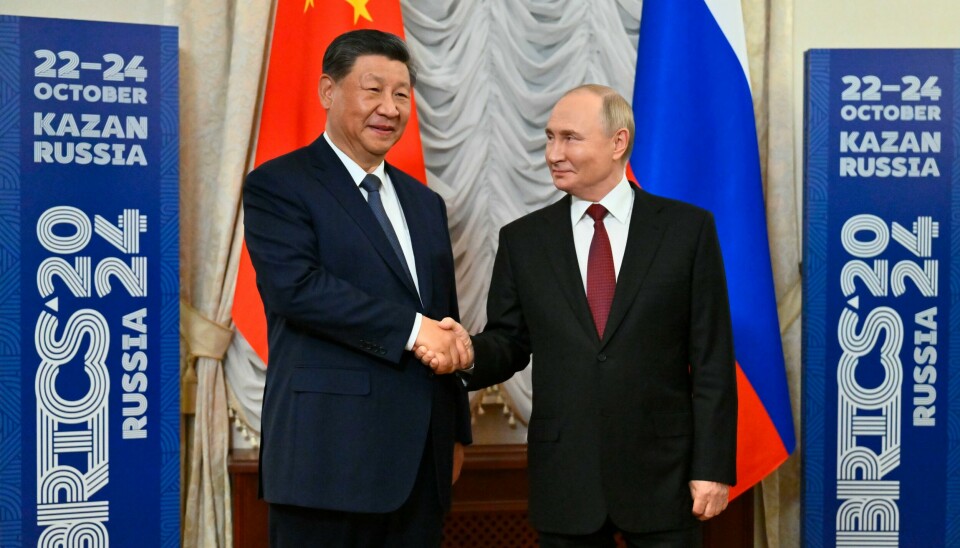 Russlands president Vladimir Putin (t.h.) var i godt humør da han tok imot Kinas president Xi Jinping på toppmøtet i Kazan. Russlands president Vladimir Putin (t.h.) var i godt humør da han tok imot Kinas president Xi Jinping på toppmøtet i Kazan. Foto: Kristina Kormilitsyna / Photo host brics-russia2024.ru / AP / NTB