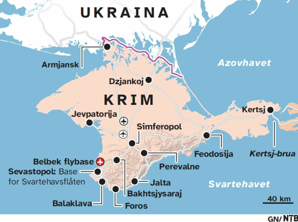 Kart over den annekterte ukrainske Krim-halvøya. Sevastopol ses i sørvest.(Nyhetsgrafikk (GN/NTB)) Kart over den annekterte ukrainske Krim-halvøya. Sevastopol ses i sørvest.