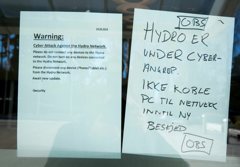Norsk Hydro varslet alle sine ansatte om ikke å slå på PC-en da de var under et dataangrep i 2019. Norsk Hydro ble tungt rammet og varslet alle sine ansatte om ikke å slå på PC-en da de var under dataangrepet i 2019. Foto: Terje Pedersen / NTB